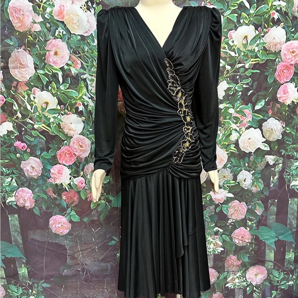 FILIGREE LTD | 80’s Dead-stock Glam Draped Sequins Elegant Black Maxi Dress